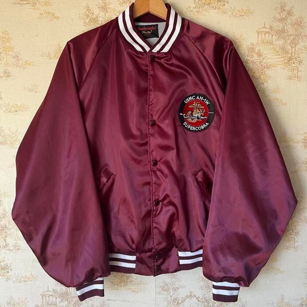 Vintage 80s USMC AH-1W Supercobra Jacket | Burgundy Satin Bomber | Size XL